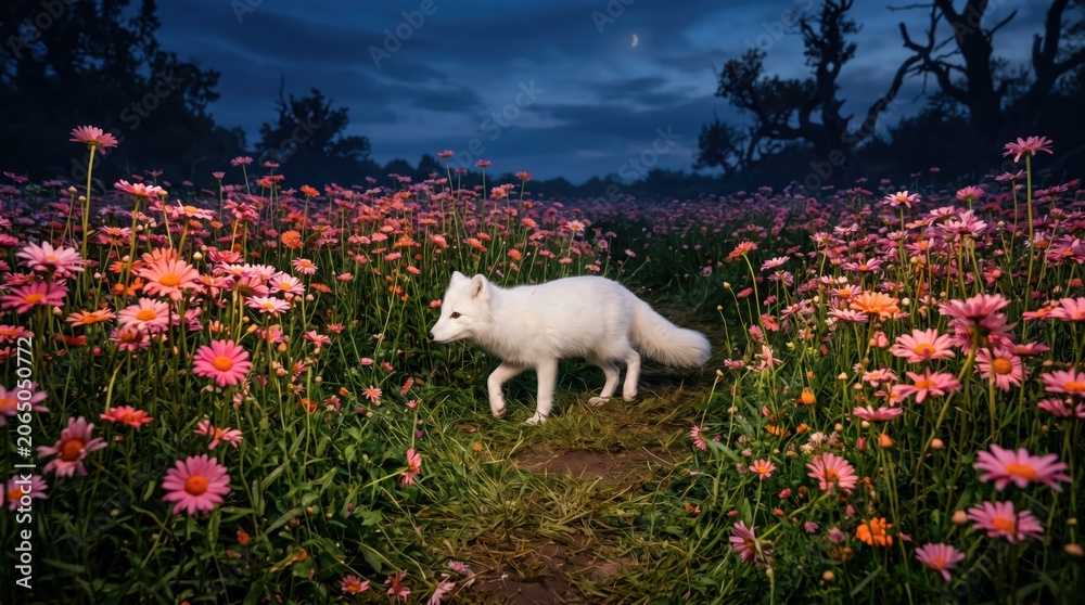 Fototapeta premium White fox walking through dense field of pink wildflowers at dusk near forest edge under moonlit sky, solitary wildlife scene conveying calm evening mood and natural habitat detail