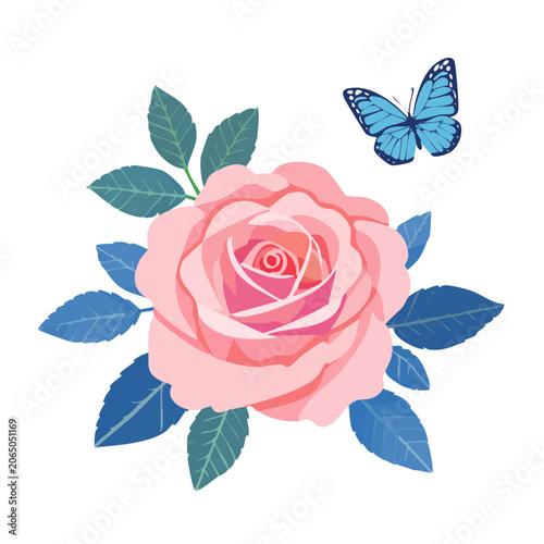 Pink rose with blue butterfly and leaves illustration