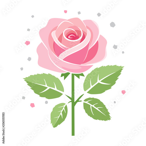 Pink rose with green leaves flat illustration