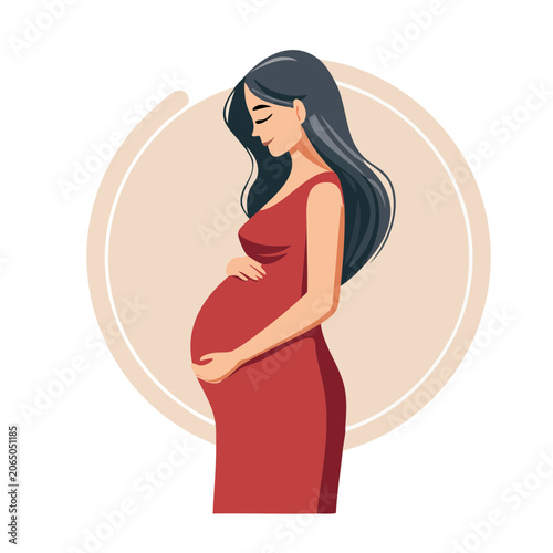 Pregnant woman in red dress, flat illustration