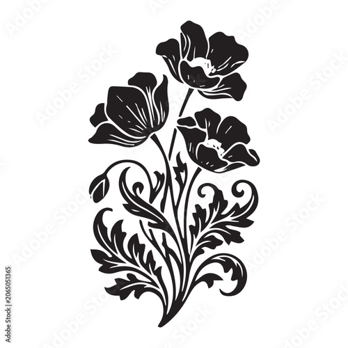 Baroque Poppy Bouquet Emblem Black Clipart Illustration For Laser Cut Wood Design