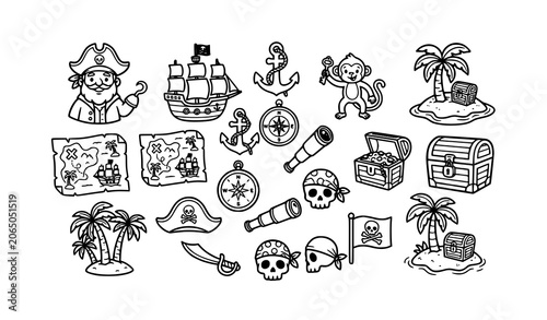 Photography Pirate Adventure Line Art Collection with Treasure Island Ship and Cartoon Pirat