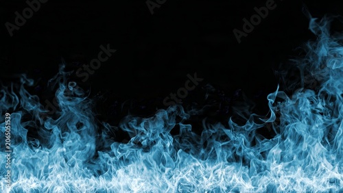 Abstract blue fire flames border on black background