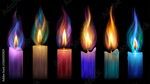Row of colorful candles with vibrant multicolored magical flames on a dark black background.