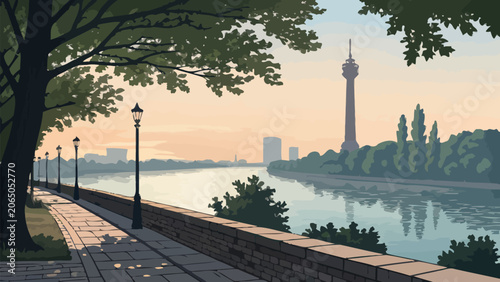 Dsseldorf rhine river promenade at sunset with rheinturm tower