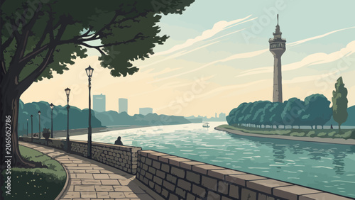 Scenic riverside promenade with tower and city skyline at sunset