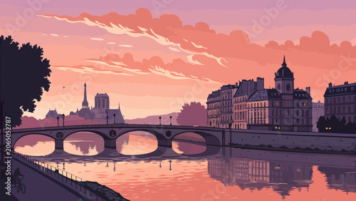 Paris cityscape at sunset with notre dame cathedral and seine river bridge