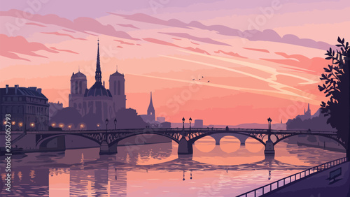 Paris cityscape with notre dame cathedral and seine river at sunset