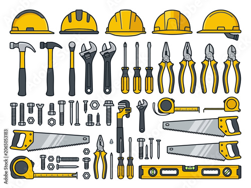 Construction Hand Tools and Safety Equipment Flat Vector Set