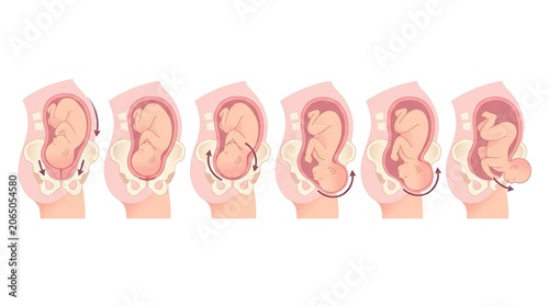 Illustration shows stages of labor, depicting movements of the baby through the birth canal during childbirth preparation for expectant mothers.