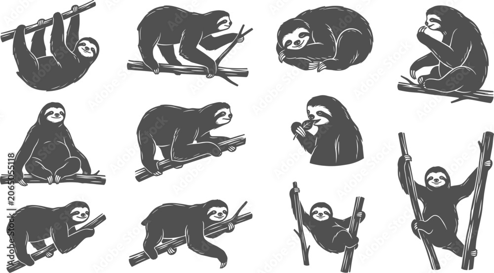 Fototapeta premium Cute sloth silhouettes and drawings set climbing on tree branches on transparent background
