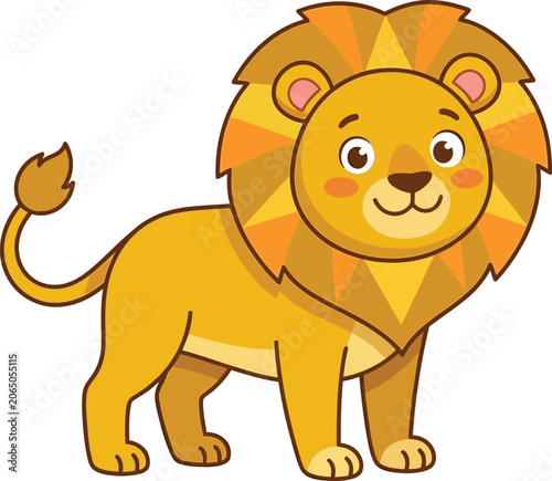 Canvas Print Cute cartoon yellow lion king of animals standing happy character isolated on wh