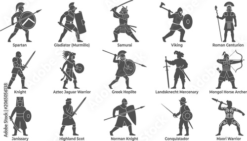 Obraz na plátně Historical warrior silhouettes standing in defensive poses with weapons on a tra