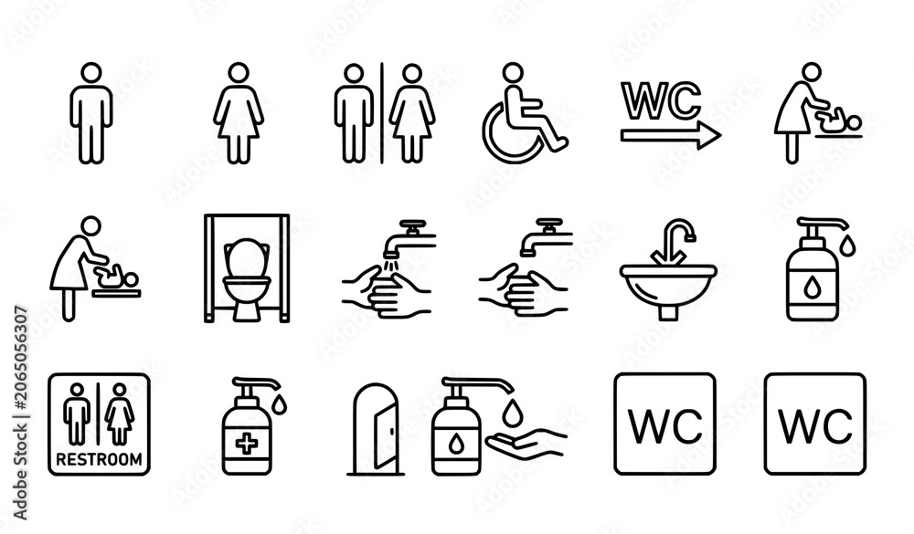 Fototapeta premium Toilet and restroom line icon set with WC male female accessibility and hygiene symbols