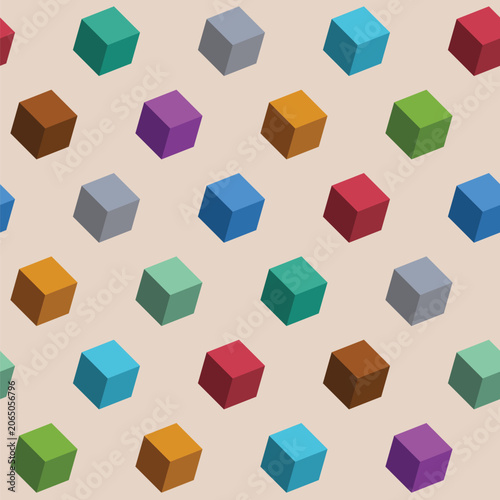 Color isometric cubes vector seamless pattern. Color vector illustration. Decorative abstract style with regularly repeating color cubes. Flat design vector seamless background.