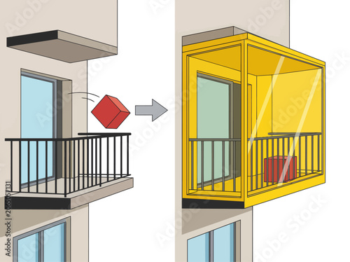 Illustration compares an unprotected balcony to a secure, integrated smart impact glazing balcony. Highlights safety and design improvements. Clear visual contrast.