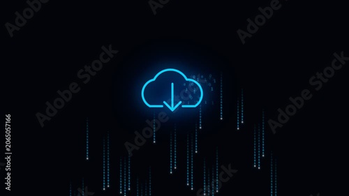 Cloud icon with glowing blue download arrow and falling data streams on dark digital background