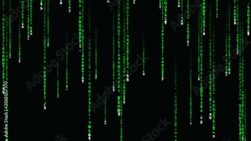 Digital rain green characters falling on black screen representing abstract binary code and technology concept