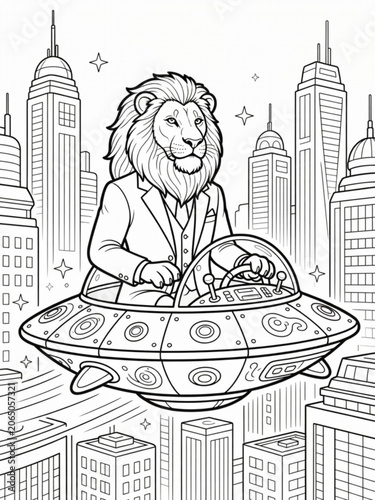 A respectable lion controls a fantastic flying vehicle coloring page