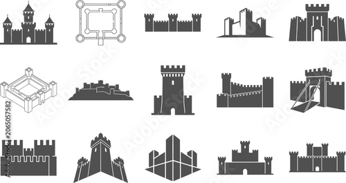 Tableau sur toile Medieval castle and fortress outline silhouettes standing isolated on white