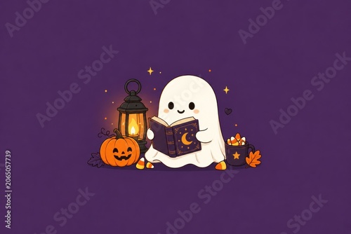 Cute pastel Halloween celebration illustration with spooky decorations, pumpkins, and characters.