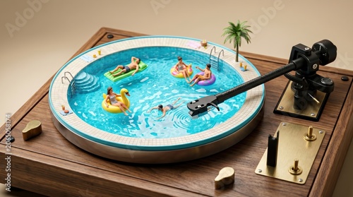 Miniature swimming pool built into vintage turntable with tiny people on inflatable floats, tabletop studio scene showing playful leisure concept and detailed wooden deck and brass tonearm