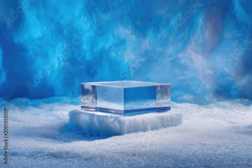 Small Product Ad Podium Crystal-clear ice empty podium winter-themed backdrop frosty glow small product placement ethereal and cool tones