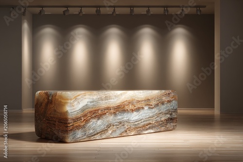 Luxury and High-End Podium Large onyx empty podium in a high-end gallery abstract art behind track lighting sophisticated and exclusive