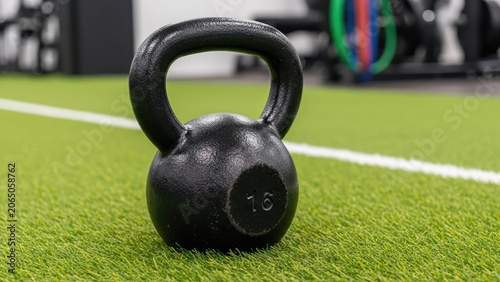 Kettlebell weight on green synthetic grass in gym.
