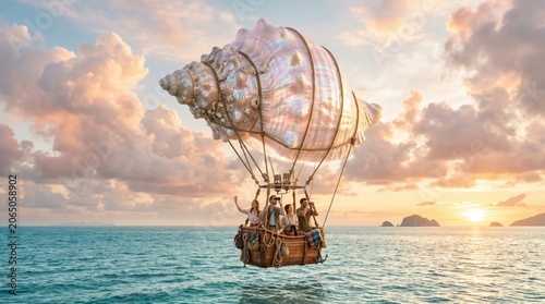 Conch shell hot air balloon carrying passengers over open ocean at sunset with islands on horizon, pastel sky and warm golden light evoking peaceful adventure