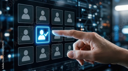 Facial recognition system selection hand choosing profile with checkmark on digital interface