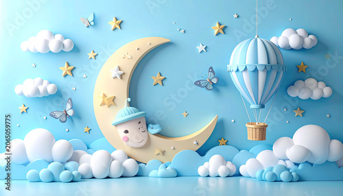 Adorable baby boy shower banner with hot air balloon, moon, clouds and stars, pastel blue paper-cut nursery design
