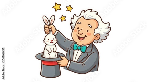 Obraz w ramie Cartoon magician performing rabbit trick with top hat and stars