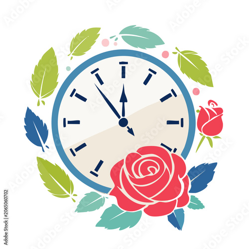 Flat Design Clock with Roses and Leaves