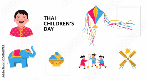Photos Icon set of Children Playing With Colorful Kites Outdoors.