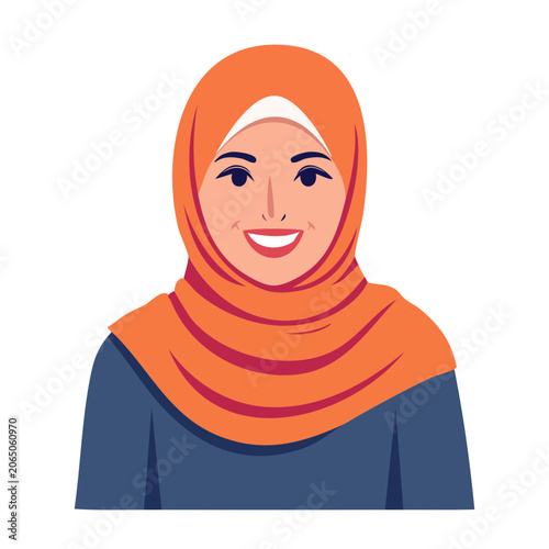 Smiling woman wearing orange hijab in flat design style