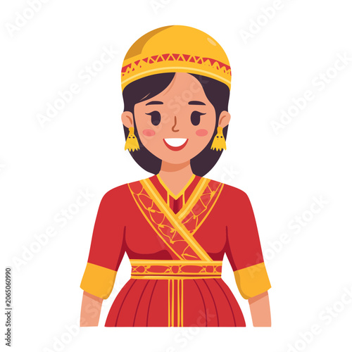 Woman in traditional red and gold dress illustration