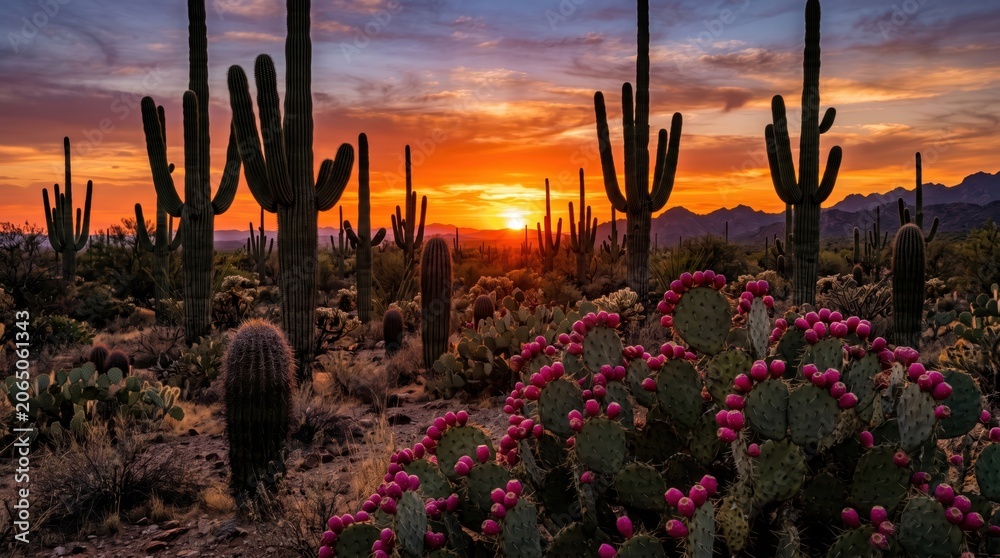Fototapeta premium Desert landscape with saguaro and prickly pear cacti at vibrant sunset, sprawling cactus field and silhouetted mountains conveying warm dramatic dusk in arid wilderness