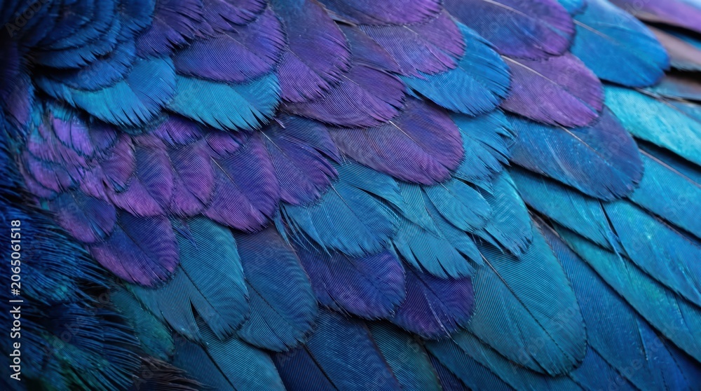 Fototapeta premium Macro view of purple and blue bird feathers with layered scales and soft iridescent tones; detailed plumage texture emphasizing vane edges and overlapping patterning