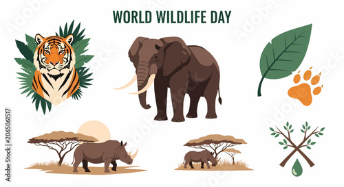 Photography Flat Illustration of Wildlife animals on World Wildlife Day.