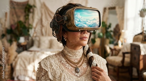 Woman wearing vintage lace and vr headset in ornate bedroom, holding scarf and gazing into virtual sky, dreamy nostalgic portrait blending retro fashion and technology