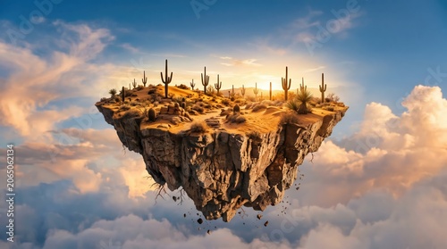 Floating desert island with cacti breaking away above clouds at golden hour, rocky plateau with falling debris and warm sunrise glow in dramatic surreal scene