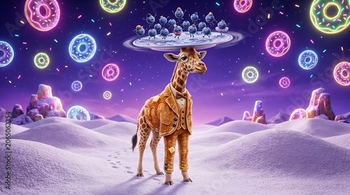 Dapper giraffe balancing tray of donuts in surreal space.