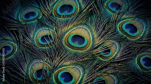 Dense array of peacock eyespots in vivid green, blue, and gold; detailed quills and iridescent ocelli form a rich, textured backdrop for design use.