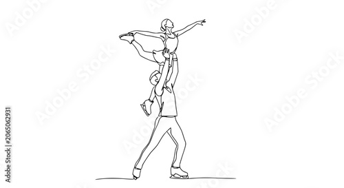 Bild auf Leinwand Figure Skating Duo Performing Lift, Continuous Line Art Drawing