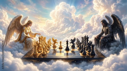 Angelic and dark winged figures facing each other over chessboard on cloud platform high in sky depicting symbolic battle strategy and contrast of light and shadow