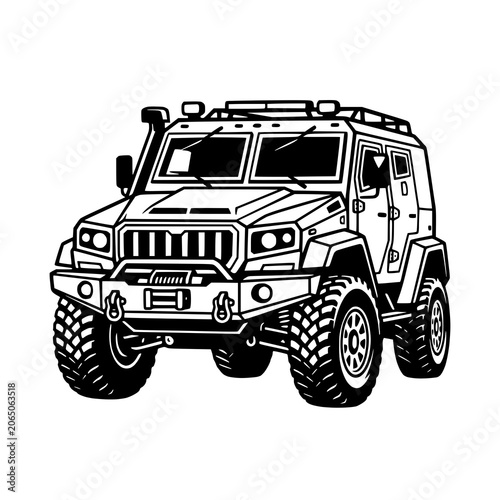 Military Armored Off-Road Tactical Vehicle Black and White Line Art Illustration