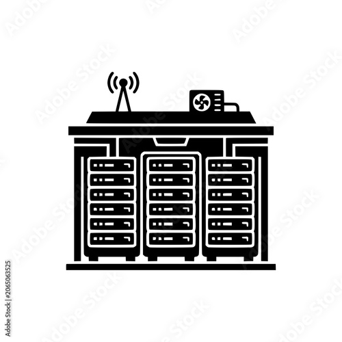 Data Center Server Room with Network Equipment, Antenna and Cooling System Black Flat Illustration