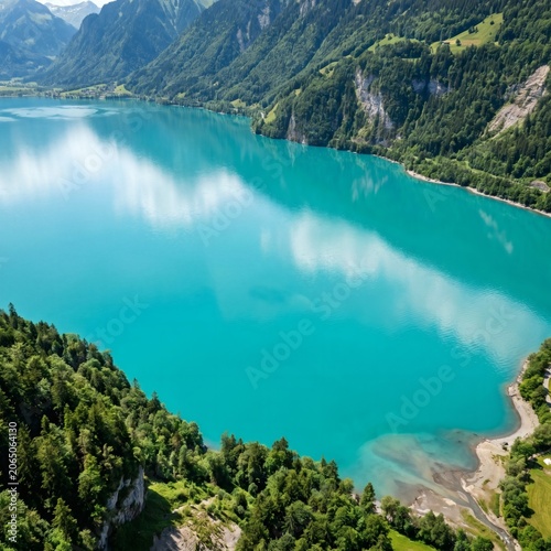 Aerial View of Turquoise Mountain Lake Surrounded by Lush Forest Peaks