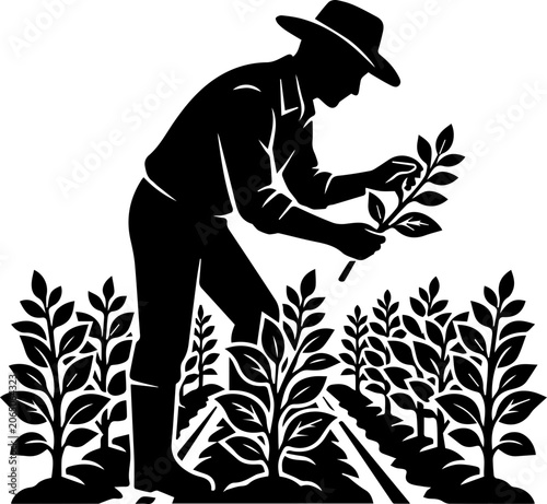 Farmer Planting Crops in Agricultural Field, Farming and Agriculture Silhouette Icon Illustration